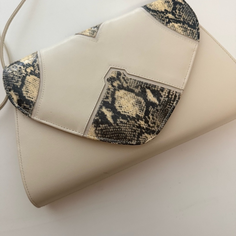 Neutral Snakeskin Accent Crossbody Bag | Beige Envelope Minimalist Shoulder - Picture 4 of 10